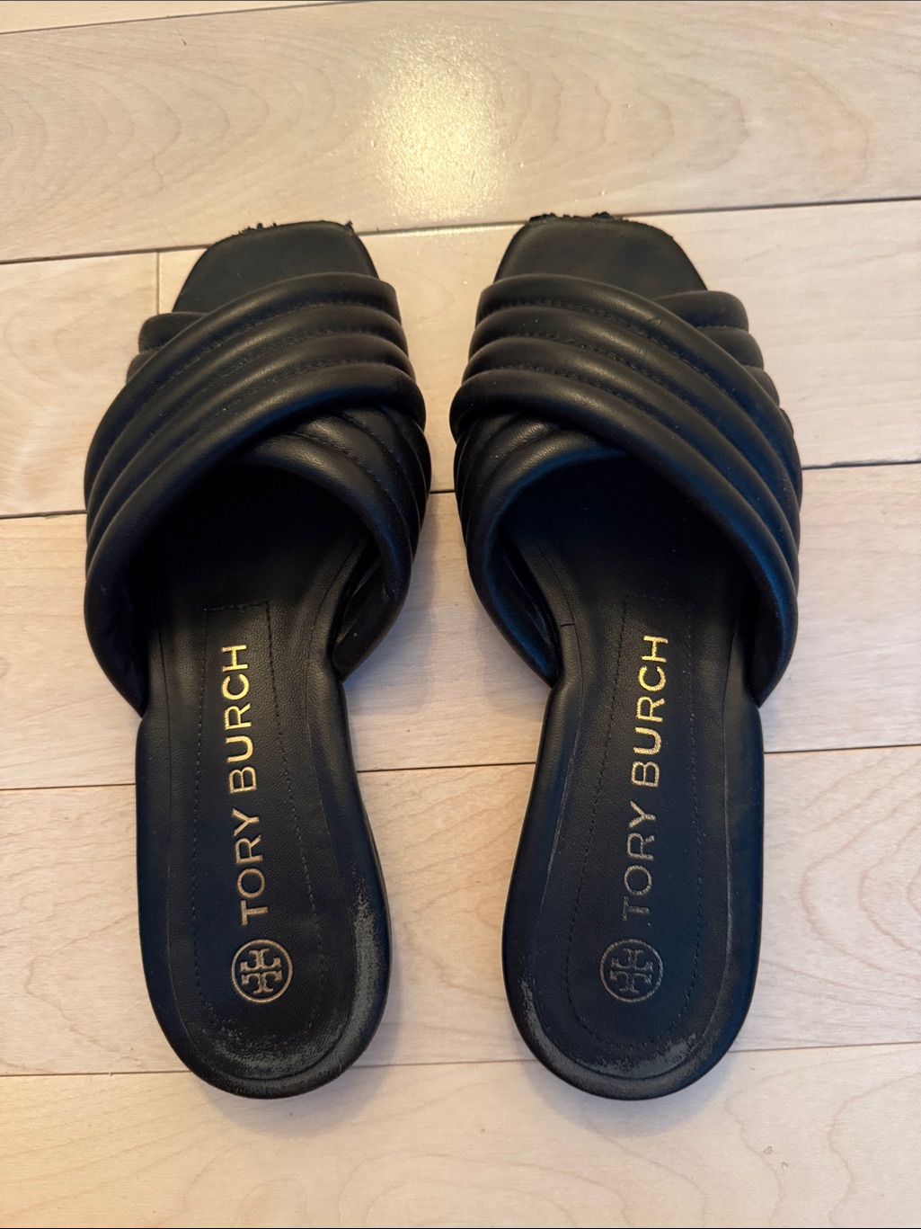 Tory Burch Black Quilted Cross-Band Slide Sandals With Gold Logo